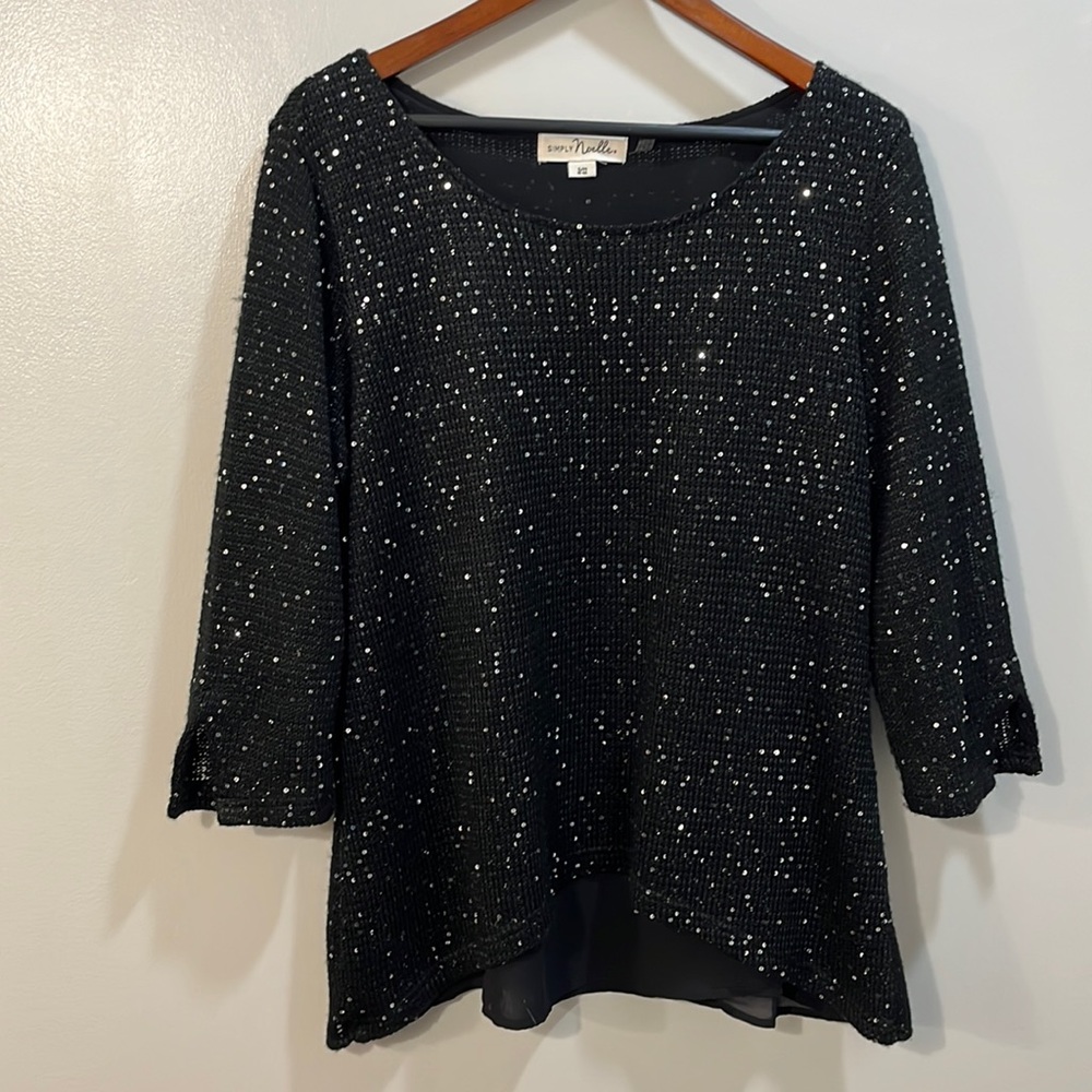 Simply Noelle Black Sequin Mixed Media Top with Split Back Women's Size S/M